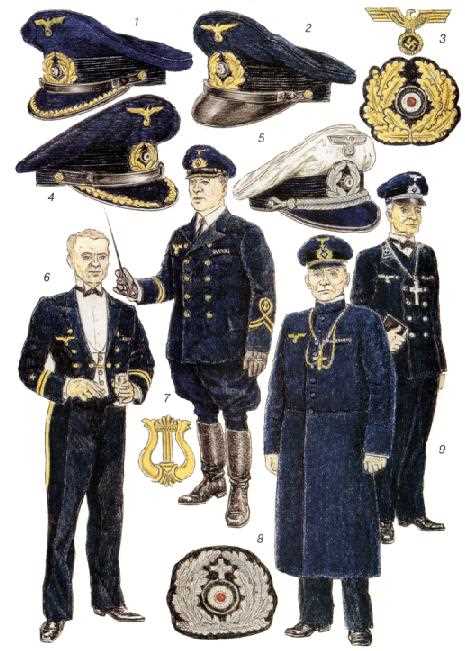 Образцы знаков различия адмиралов, офицеров, военных чиновников и старших унтер-офицеров немецкого военного флота (Кригсмарине) Kriegsmarine.